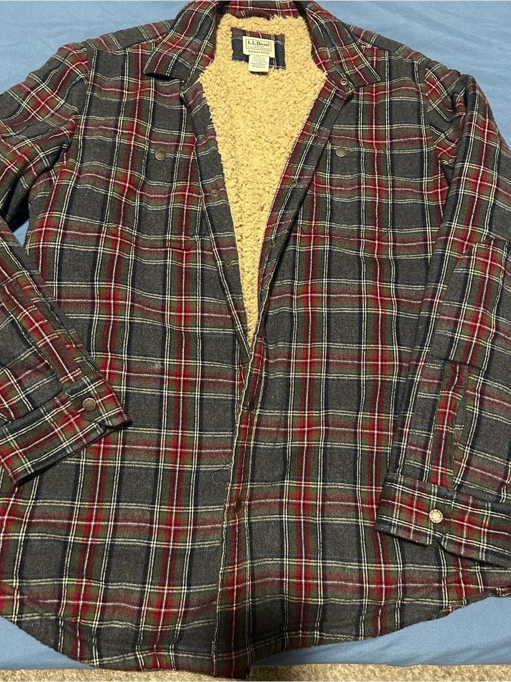L.L. Bean Gray Red Plaid Sherpa-Lined Shirt Jacket